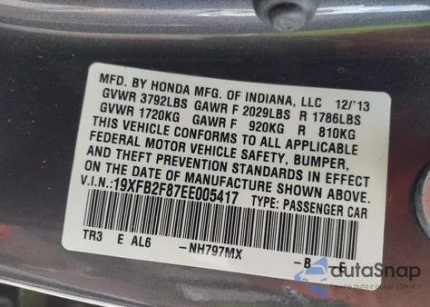 2014 Honda Civic Ex z USA, uszkodzony, nr VIN 19XFB2F87EE005417